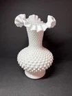 VTG Fenton White Milk Glass Hobnail 10.5" Ruffled Crimped Rim Vase Large