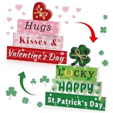 4 Pcs Reversible Valentine  s  St. Patrick  s Day Wooden Table Decor, Double