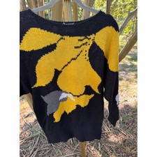 VTG 80s Hand Loomed Floral Black Yellow Knit Sweater Bead Accents Size Medium