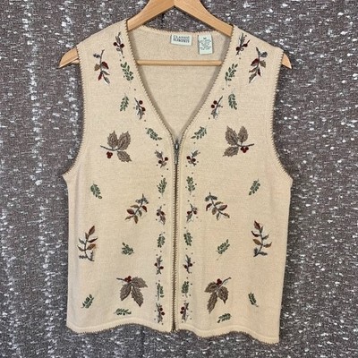 Vintage Classic Elements Knit Sweater Vest Full Zip Embroidered Cottage Womens M