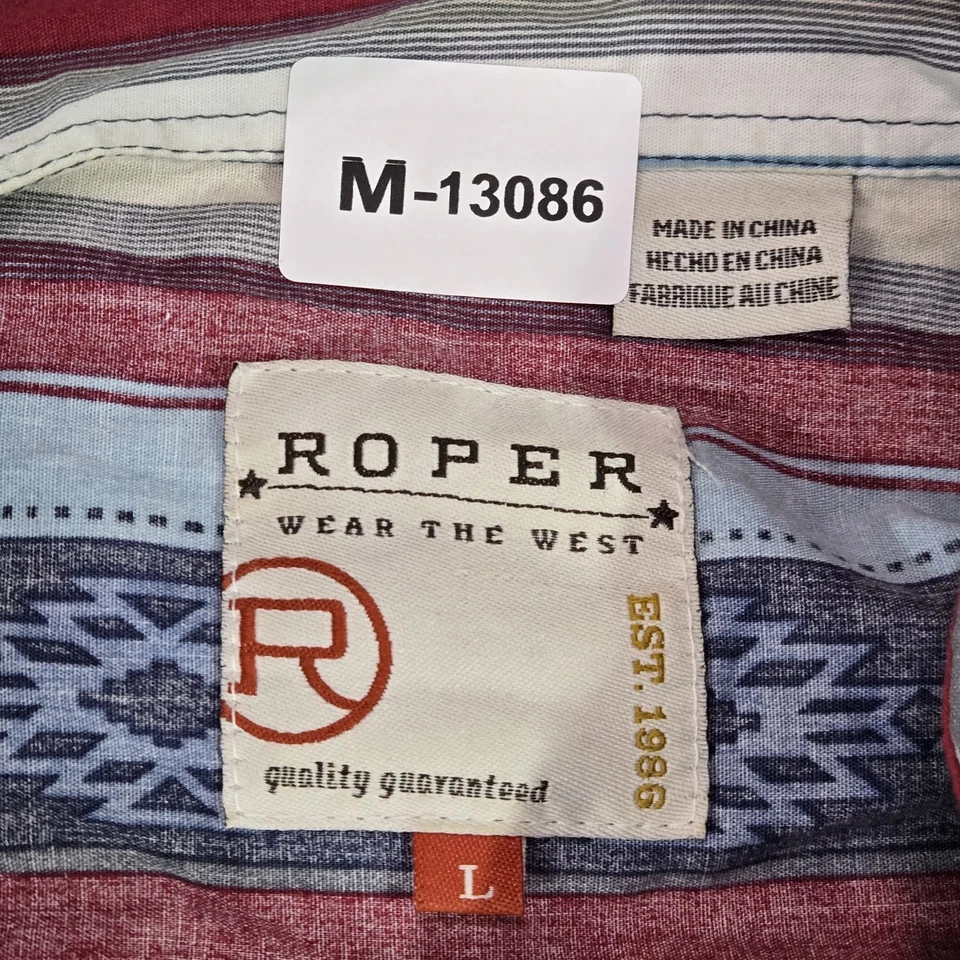 Camisa De Colección Roper Hombres Abotonada L Azul Azteca Rayas Perla Occidental A Presión Años 90 Foto 2 de 4