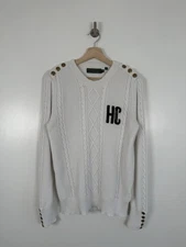 Holland Cooper Jumper Size Small White Cable Knit Chunky Varsity Logo Sweater