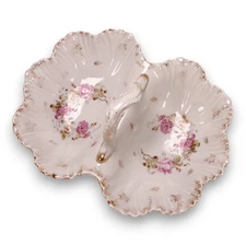 KPM 12" Double Sided Divided Basket Dish 22315 Pink Roses Gold Scalloped Rim
