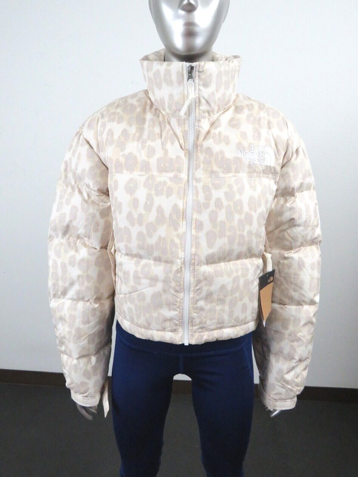 Womens The North Face Printed Nuptse Short Crop 700-Down Jacket - Grey  Leopard