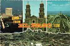 Vintage Postcard 4x6- RIM ORAD, MISSION, CRISTO REY, INTERNATIONAL BRIDGE, EL PA