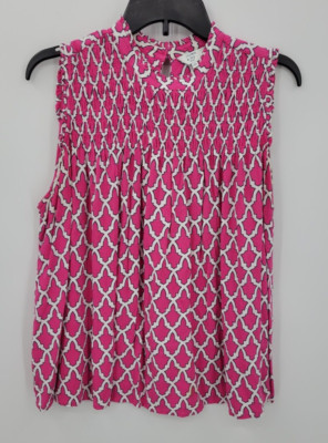 Crown & Ivy Top Womens 0X Pink White Boho Print Smocked Sleeveless Blouse