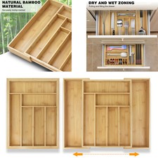 Image of XLarge Compartment Bamboo Wood Cutlery 6-8 Drawer Organiser Tray Holder 32-52cm