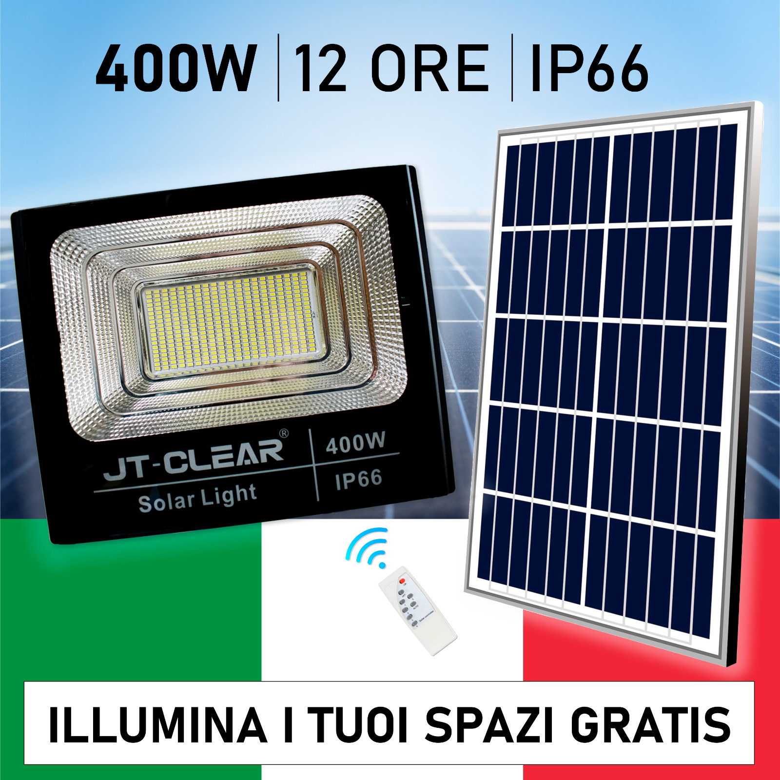 Faro LED 400W Solare Professionale IP66 - Faretto con Telecomando e Batteria