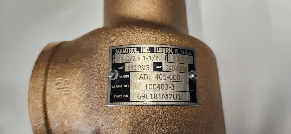 Aquatrol 69E1B1M2U1 Adjustable Relief Valve 401-600 PSI, 1-1/2 x 1-1/2" .  NEW - Image 2 of 4