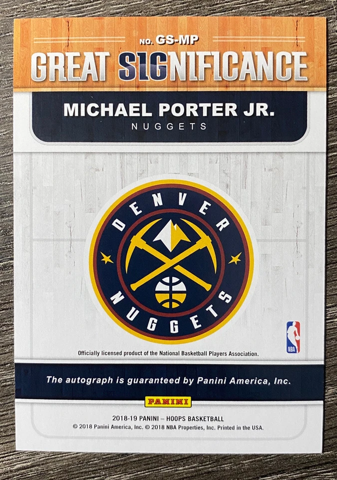 2018-19 Panini NBA Hoops Michael Porter Jr Auto Rookie Great Significance RC - Image 2 of 2