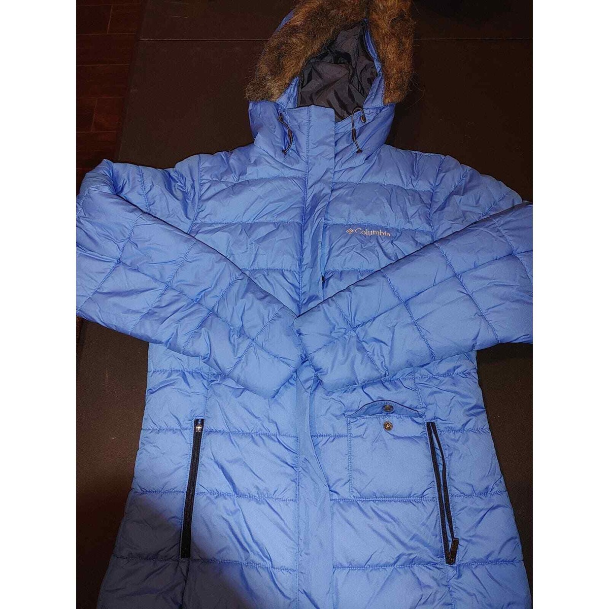 COLUMBIA SPORTSWEAR Zip Up Faux Fur Blue Hooded Puffer Jacket