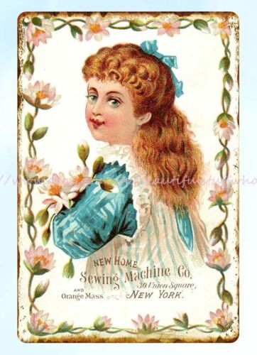 Little Girl Flowers New Home Sewing Machine 19th century metal tin sign wall art - Picture 1 of 4
