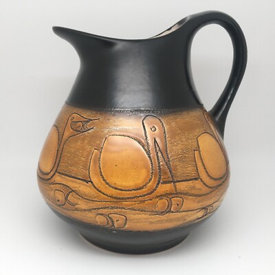 RARE Vintage Eduardo Vega Ecuador Signed Orange Black Birds Pitcher Authentic