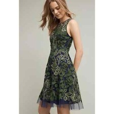 Anthropologie Pankaj & Nidhi Embroidered Fern Dress Size 2 Floral Sleeveless