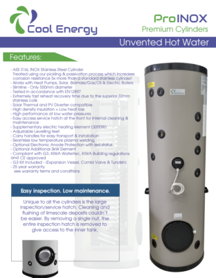 Cool Energy Heat Pump Solar Unvented Hot Water Cylinder ASHP INOX