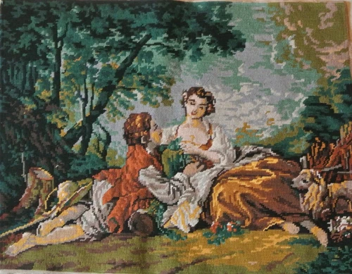 Romantic Couple Fragonard Style Completed Needlepoint Vintage