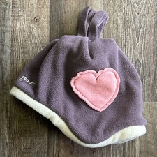 Life Is Good Purple Beanie Fleece Ear Flaps Tassel Pom M/L Pink Heart