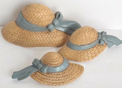 Vintage HOMCO 1980s Wall Decor Straw Hats Blue Ribbon Countrycore 3pc Set 