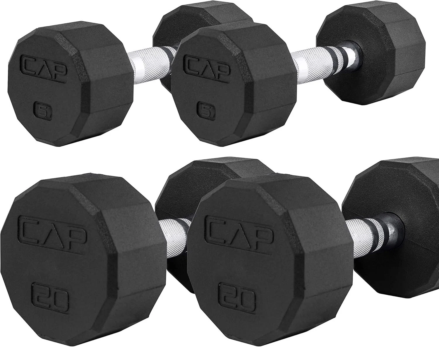 Set of 4 CAP Barbell 50 lbs Coated 12 Sided Dumbbells Black Handles 5LBx2 20lbx2
Opens in a new wind