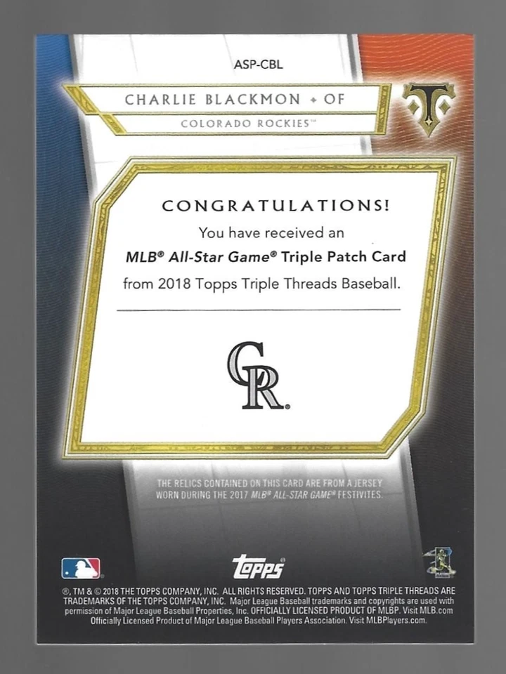 Charlie Blackmon 2018 Topps Triple Treads All Star Patches Triple Patch 7/9 💲 Foto 3 de 3