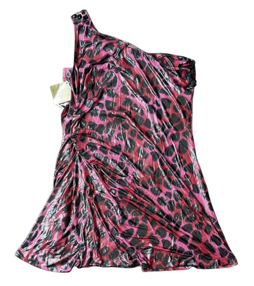 Blusa Baby Phat de un hombro con estampado de leopardo rosa y negra con piedras en el hombro 1X Foto 3 de 4