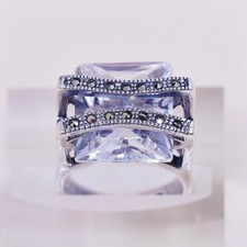 sz 4.75, vtg Sterling silver handmade cocktail ring w/ CZ and marcasite