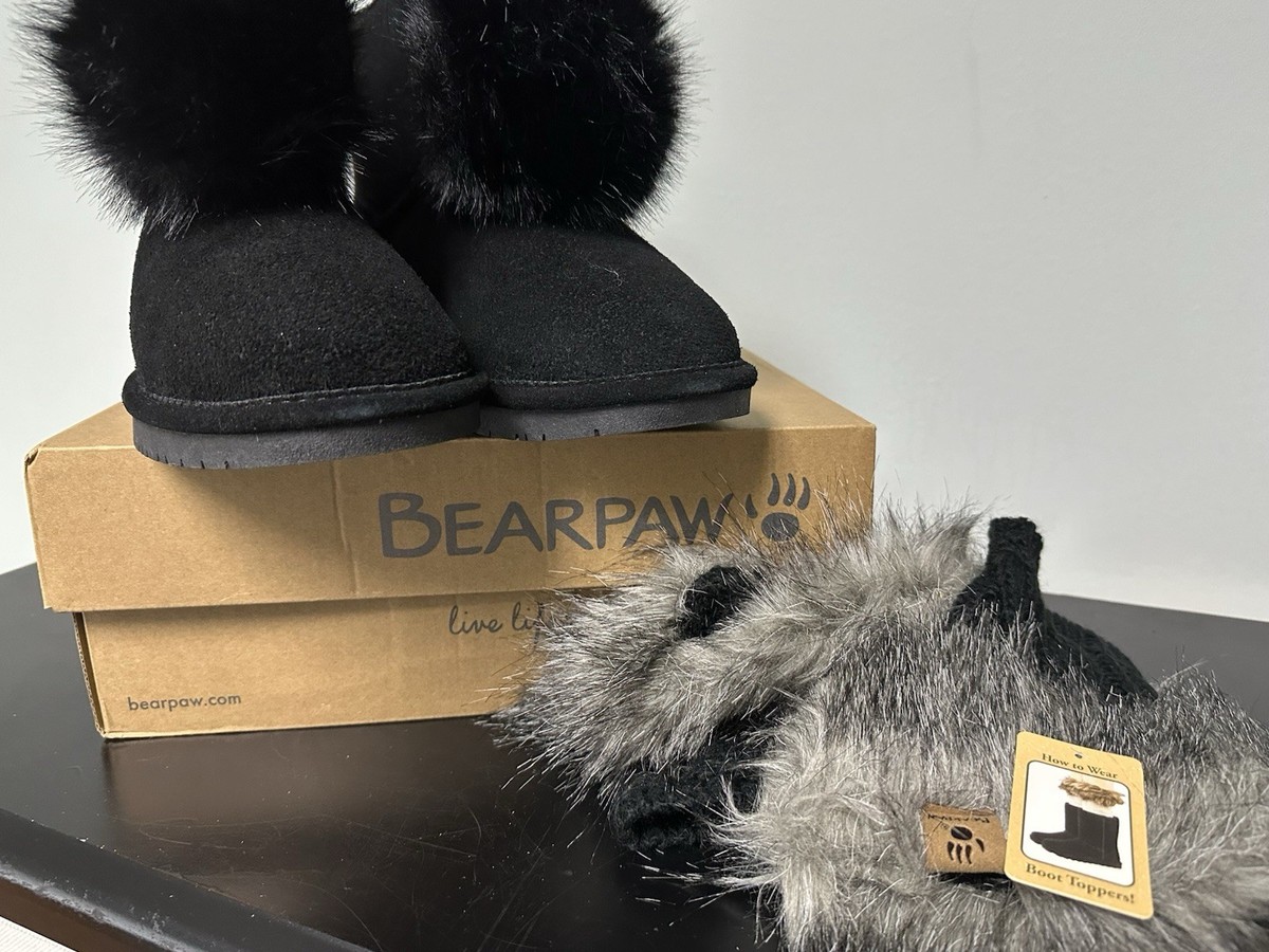 BEARPAW Sz 12 Women's Boots Libby Liv Suede Sheepskin Wool Pom