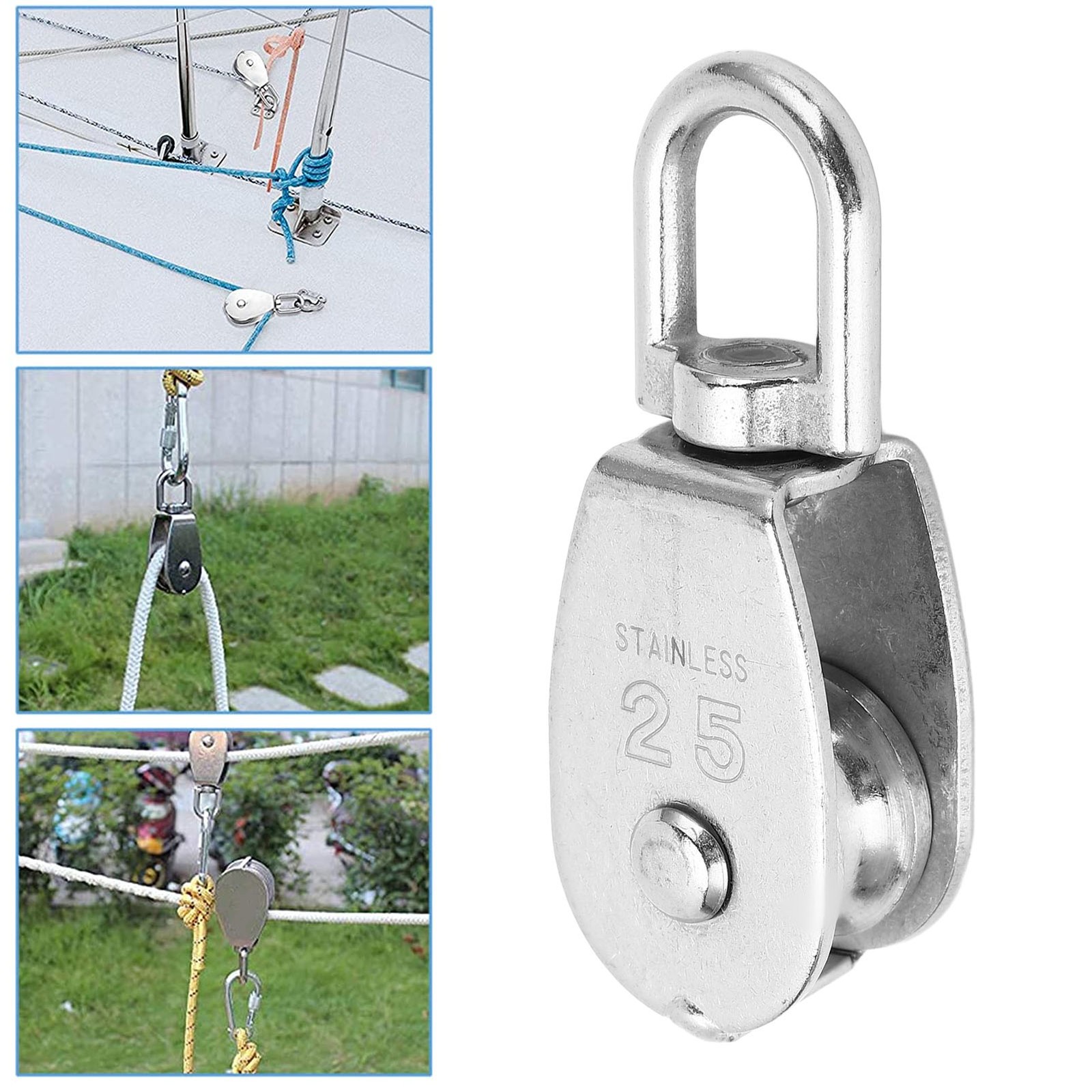 3 Pcs Single Pulley Block 150KG 330LB Bearing U Shaped 360 Degree Rotation Stain