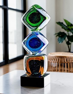 Striking Murano Art Glass Abstract Sommerso Stacked Cubed Freeform Sculpture