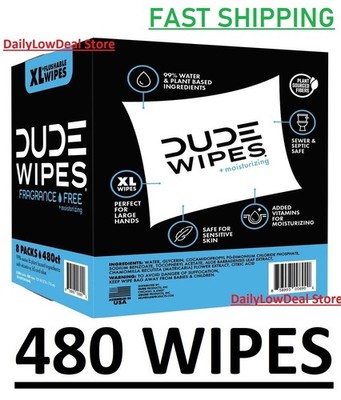 DUDE Wipes XL Flushable Fragrance-Free 480ct Moisturizing with Aloe Vitamin E B5