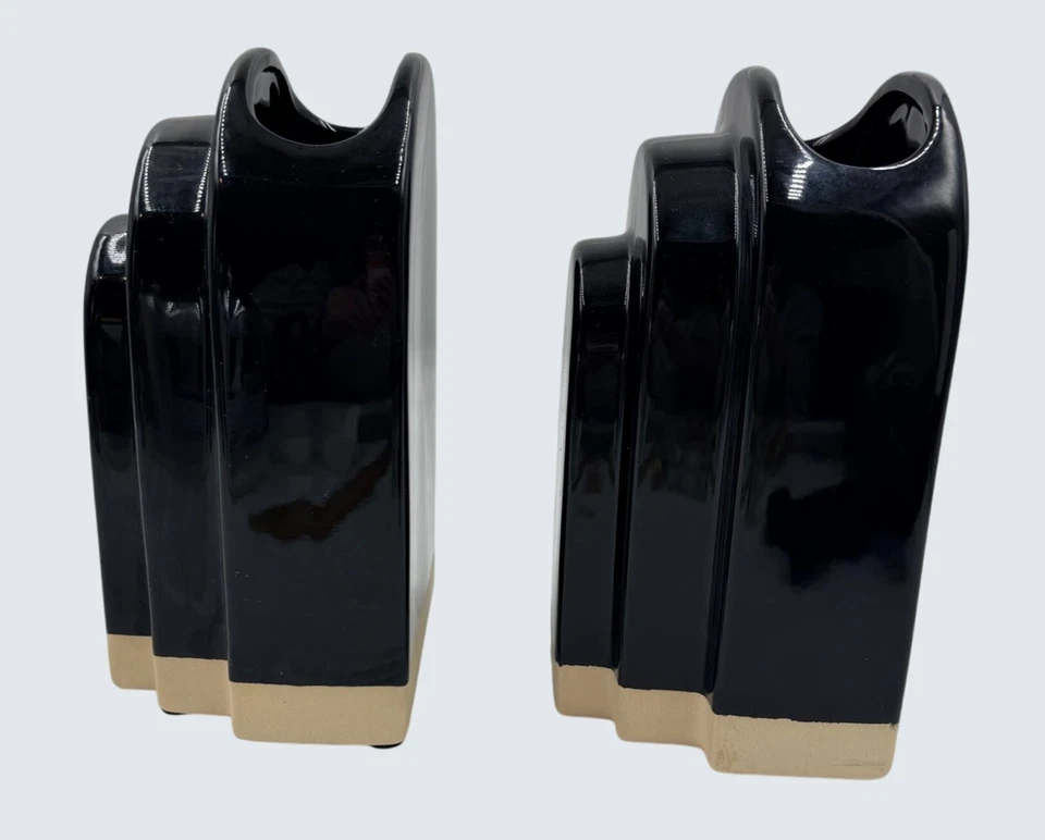 Pair Black Ceramic Art Deco Revival Stepped Vases by Decor USA - Image 3 of 4