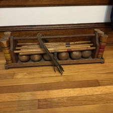 Vintage Handeerack Wood Croquet Set 6 Mallets 6 Striped Balls 2 Stakes Carrier