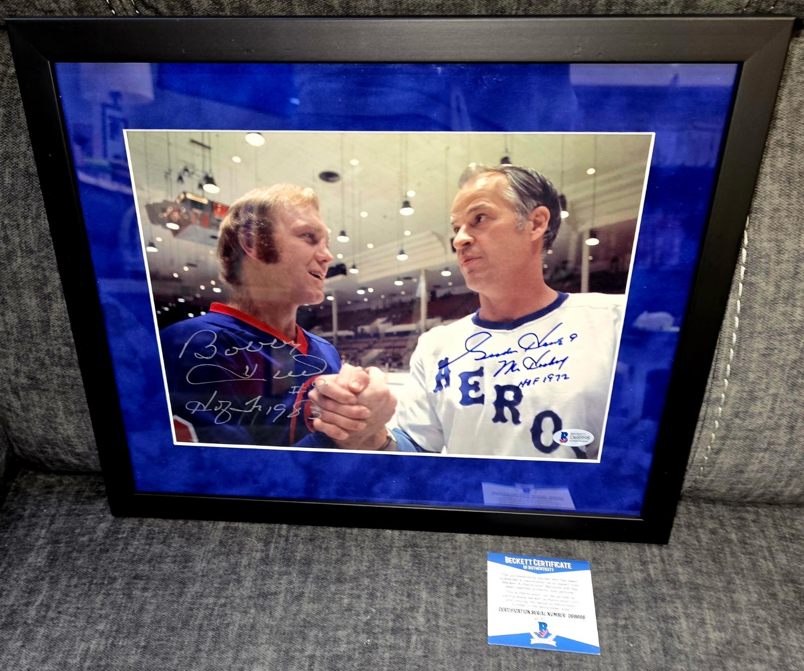 Bobby Hull Autographed Signed Houston Aeros Gordie Howe & Dual 9x12 Photo Framed, Inscriptions, BAS COA 