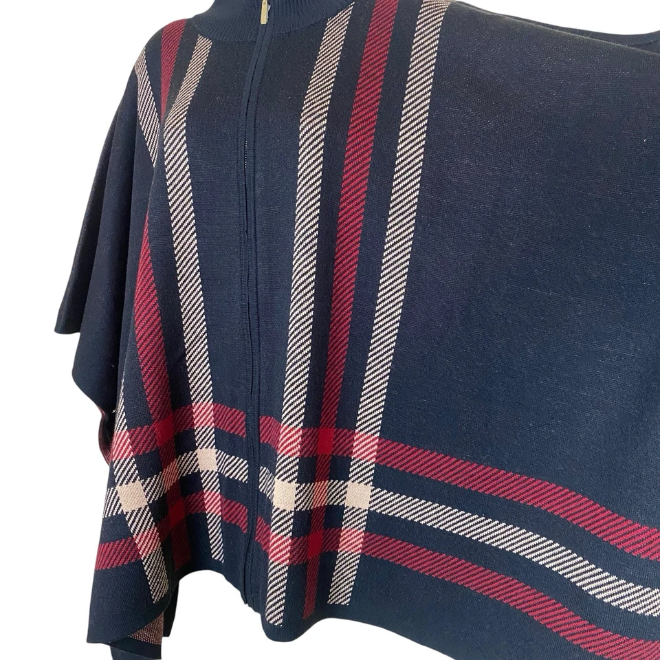 Nuevo sin etiquetas Poncho Capa Negra Tartán a Cuadros Cremallera Frontal Talla Grande Foto 3 de 4