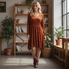 Burnt Orange Crinkle Embroidered Boho Mini Dress One Size Hippie Gypsy Earthy