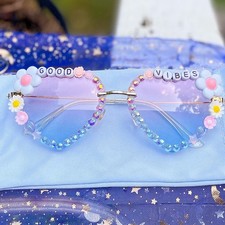 Handmade Boho Festival Sunglasses Good Vibes Blue Hippie Floral Bling Glasses