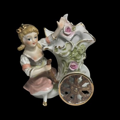 Vintage L&M Japan Porcelain Woman Pulling Cornucopia Cart Vase Planter Figurine