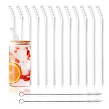12 Pack Reusable Glass Straws - 8" x 8 MM, Bent x 8 mm, Clear -