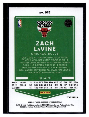 2021-22 Panini Donruss Optic Silver Wave Prizm #105 Zach LaVine (Qty) - Picture 2 of 2