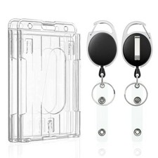 Heavy Duty Badge Holder Hard Plastic ID Card Protector Case with Badge Reel Clip