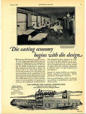 1928 Stewart Die Casting Co Ad: Factory w/ Drafting Room Pic - Chicago, Illinois