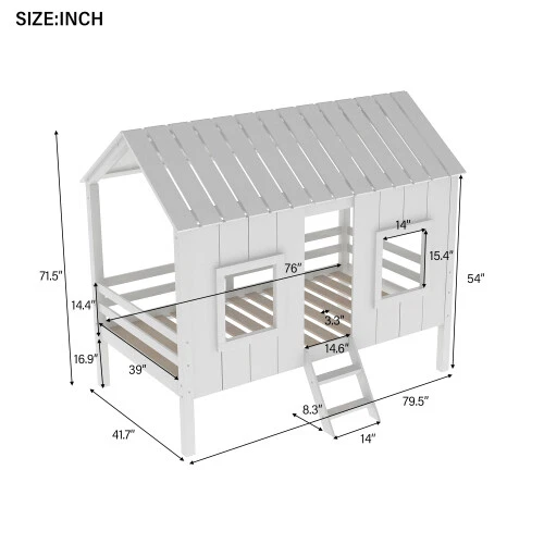 Low Loft House Bed with Roof and Windows Wooden Bed Frames Twin Size Loft Bed - Image 3 of 4