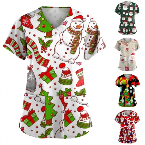 Christmas Women Nursing Uniform Scrub V-neck Short Sleeve Top Blouse Xmas Gifts - Picture 2 of 25