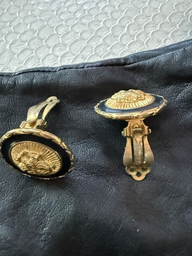 St John Vintage Clip On Earrings Gold Tone Black Enamel W/Eagle Crest - Picture 6 of 7