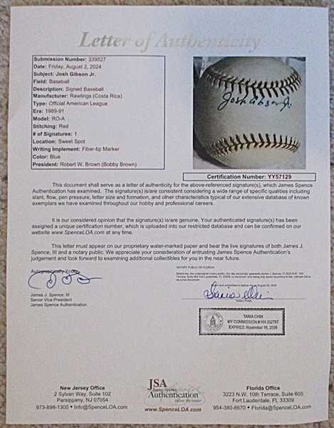 Sharp JOSH GIBSON JR Signed OAL Baseball JSA Full LOA Negro League - Image 4 of 4