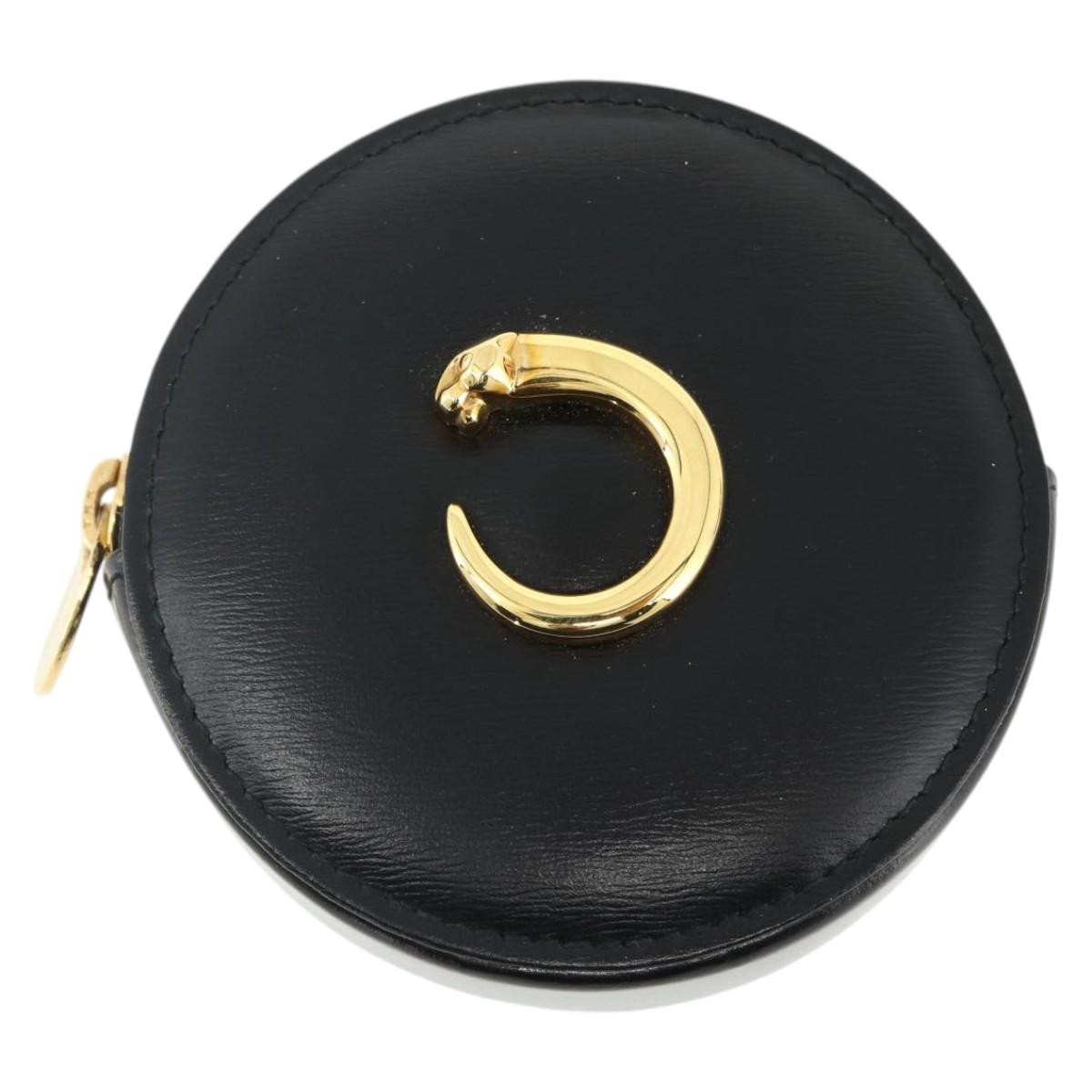CARTIER Must Line PANTHERE Coin Purse Leather Black Gold Auth
