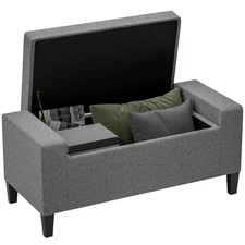 HOMCOM Storage Ottoman, Linen Upholstered Storage Bench with Lift Top and Button