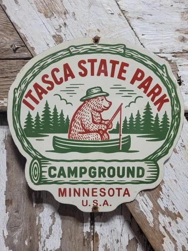 VINTAGE CAMPGROUND PORCELAIN SIGN OLD ITASCA STATE PARK MINNESOTA BEAR FISHING