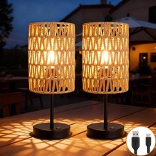 Rechargeable Outdoor Table Lamps, Rattan Boho Cordless Battery Operated Table...