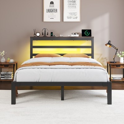 Full/Queen Size Storage Metal Bed Frame with Charging Station and LED